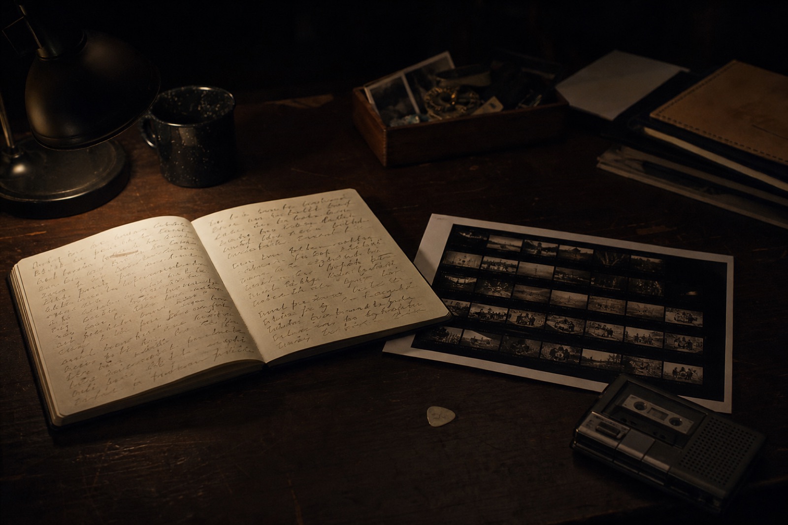 Notebook, contact sheet, and cassette recorder on a dark desk