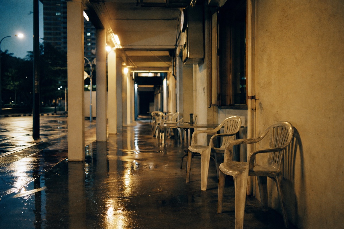 Empty chairs under a covered walkway after rain